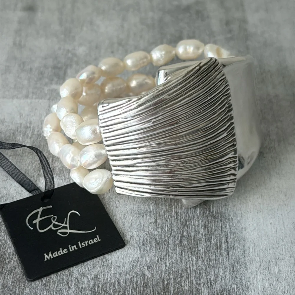 E&L 925 Sterling Silver Israel Fresh Water Pearl Electroform Magnetic Bracelet